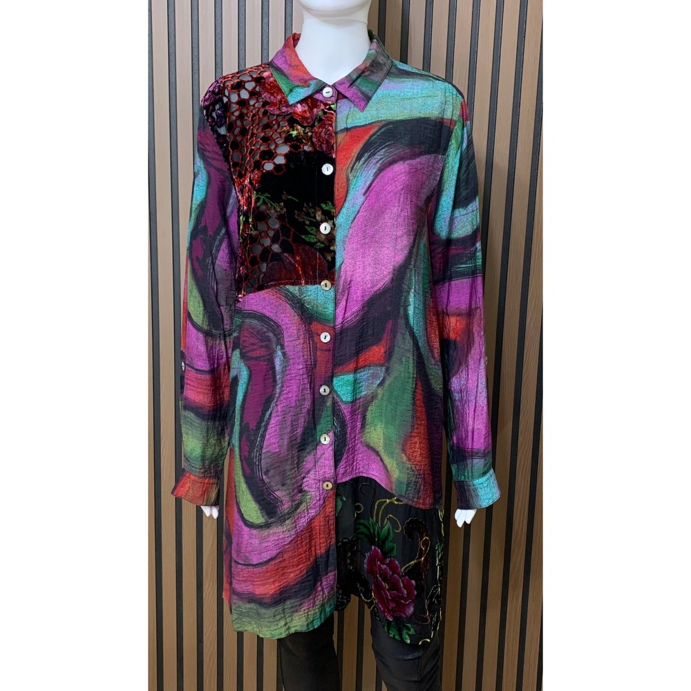 John Mark Abstract Print Shirt Burnout Velvet Patch Multi Color L Lagenlook